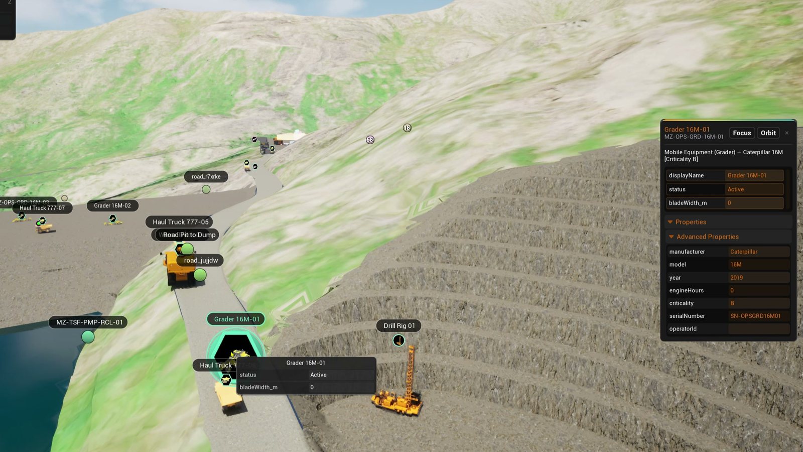 The MineZero sandbox pit with labeled fleet twins on the haul roads